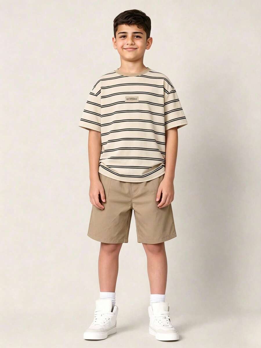2pcs/Set Tween Boys Casual Comfortable Versatile Striped Print T-Shirt And Solid Color Shorts Set,Kids