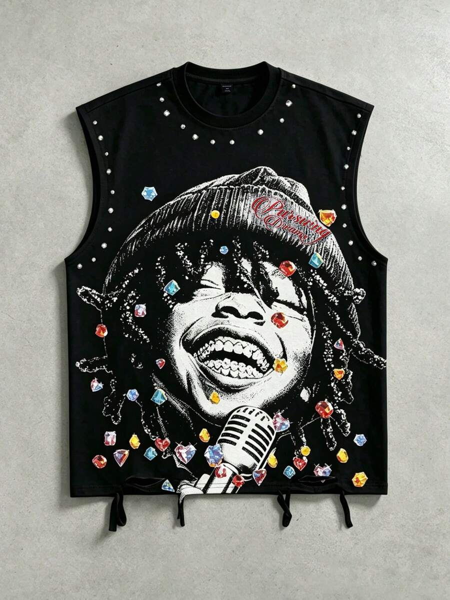 ROMWE MEN Street Life Vintage Street Distressed Sleeveless Round Neck Graphic Tank Top For Men - Black - View 1