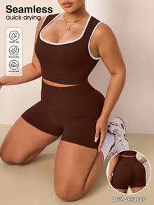 SHEIN Unity 2pcs Women's Plus Size Sports Set Ribbed Seamless U-Neck Tank Top And Shorts 2-Piece Set Yoga Outfit High Waist High Elasticity 3/4 Length Shorts - Mocha Brown - View 2