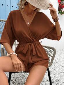 Vivid Eden Women's Summer V-Neck Criss-Cross Wrap Waist Tie-Up Textured Fabric Lace Trim Casual Vacation Romper - Brown - View 6