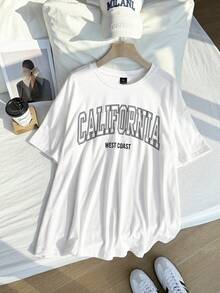 Comfortcana Plus Letter Graphic Drop Shoulder Tee California Plus Size T-Shirt Back-To-School Graduation Green Summer - White - View 5