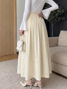 Solavon Rok Midi Liburan Elegan Serbaguna Berlipit Model A-Line Pinggang Tinggi Terbaru - Angsa kuning - View 6
