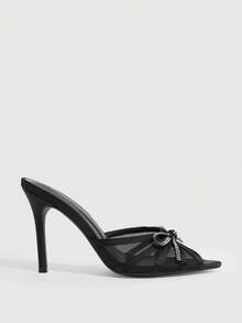 CUCCOO SZL Women Shoes Black Satin Mesh Stitching Bow Rhinestone Elements Fashion Elegance Temperament Pointed High Heel Sandals - Black satin - View 7