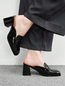 CUCCOO BIZCHIC French Retro Thick Heel Closed Toe Slippers Women, Black Stone Pattern Patent Leather Square Toe Mules Shoes Workplace Commuter High Heels - Black - View 1