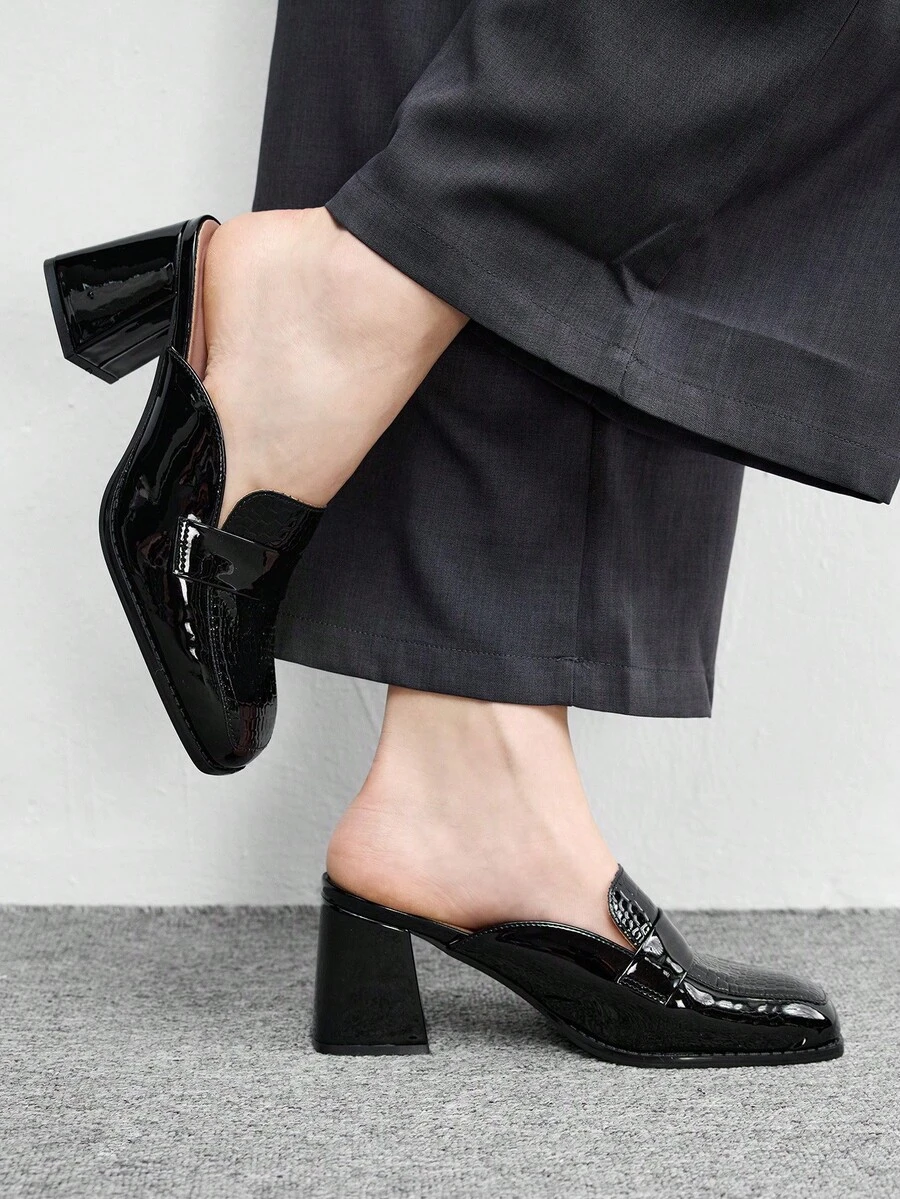 CUCCOO BIZCHIC French Retro Thick Heel Closed Toe Slippers Women, Black Stone Pattern Patent Leather Square Toe Mules Shoes Workplace Commuter High Heels - Black - View 1