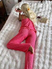 CottageSlumber Women's All-Season Knitted Ribbed Black Heart Print Sexy Camisole Pajama Set, Suitable For Outdoor Wear - Pink - View 2