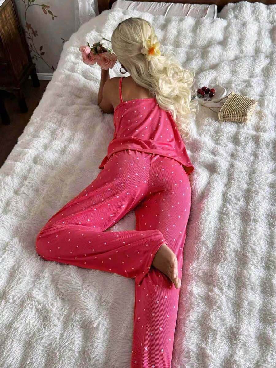 CottageSlumber Women's All-Season Knitted Ribbed Black Heart Print Sexy Camisole Pajama Set, Suitable For Outdoor Wear - Pink - View 1