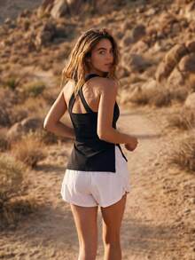 WanderVale Women's Solid Color Criss-Cross Back Side Slit Hem Outdoor Tank Top - Black - View 4