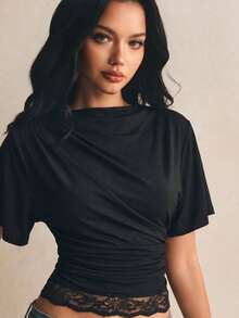 Poéselle Damen-T-Shirt mit Fledermausärmeln, einfarbig, mit Spitzensaum, modisch, Sommer-Tops, Schulanfang-Tops, Ausgeh-Tops, Y2K-Tops, schwarze Tops, elegante Spitzenblusen - Schwarz - Übersicht 6