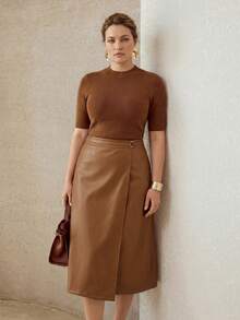 MOTF PREMIUM PLUS SIZE WOMEN'S PU LEATHER ELEGANT FASHIONABLE METAL DECOR WRAP HEM SKIRT FALL - Khaki - View 4