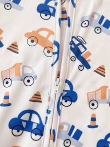 SHEIN Vintaside Kids 2件組四季新生兒居家服，灰藍色羅紋棉布，可愛淺杏色小車印花連身連腳連帽衣 - 藍色 - 查看 6