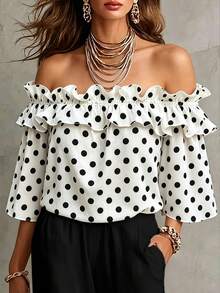 Velvienne Camisa Feminina Plus Size Elegante com Poá, Decote em V, Tecido Trama, Verão - Branco - Visão 1