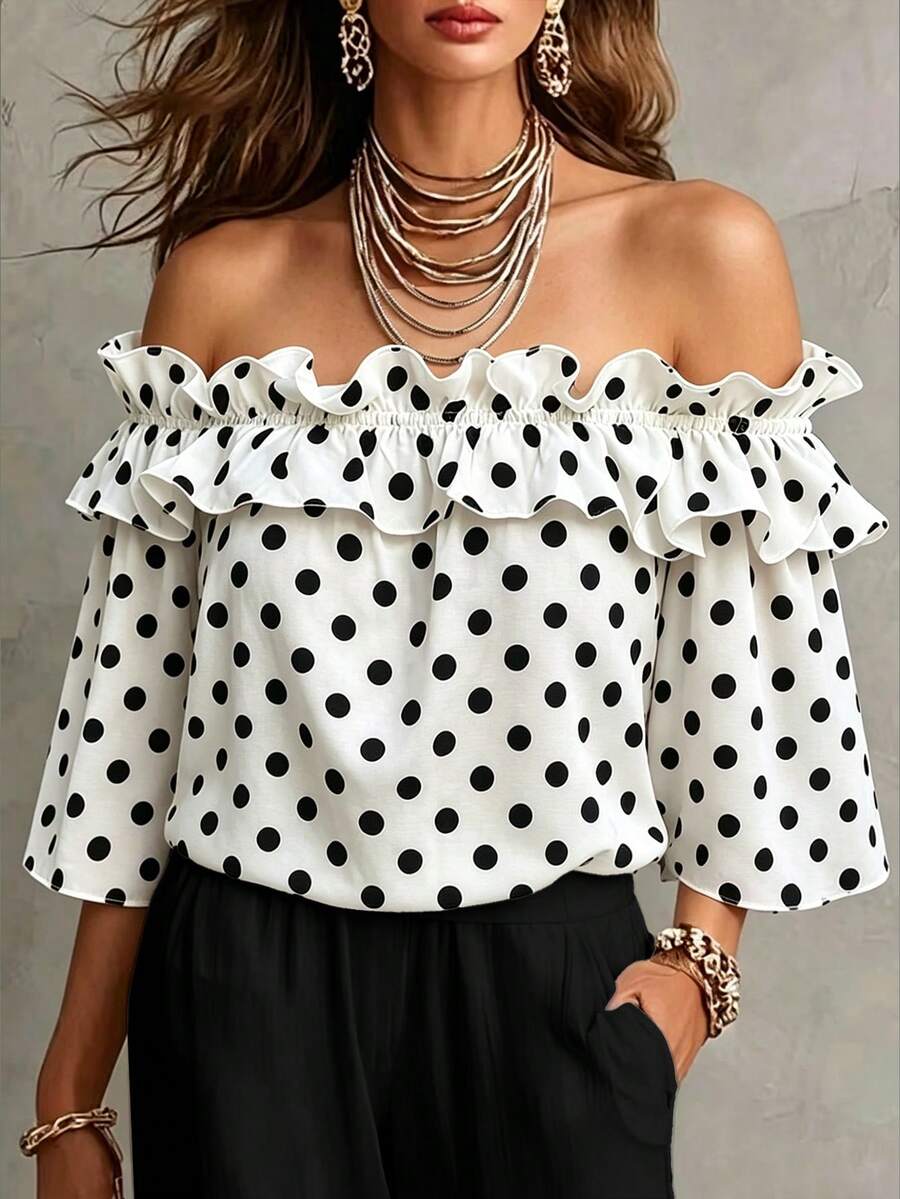 Velvienne Camisa Feminina Plus Size Elegante com Poá, Decote em V, Tecido Trama, Verão - Branco - Visão 1