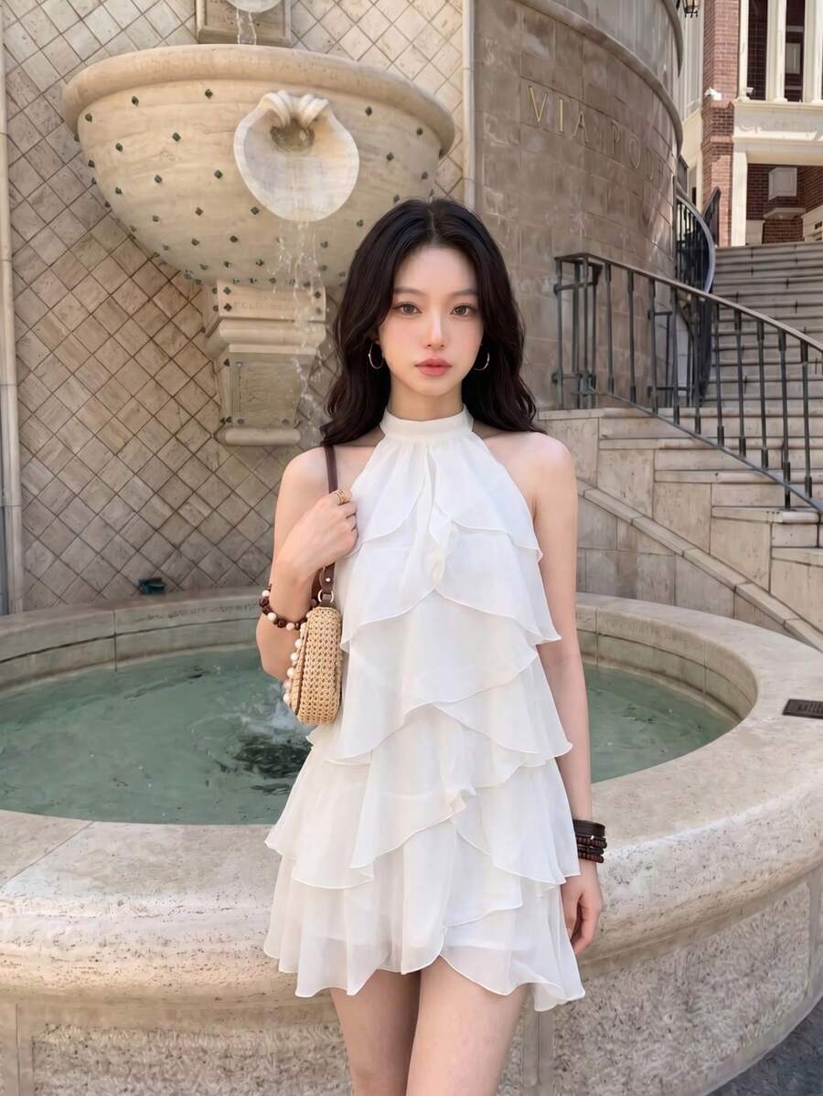 Skyraze White Multi-Layer Ruffle Collar Mini Dress,Summer Elegant Women Vacation Outfits,Chiffon Party Wedding Guest Graduation Date Dress,Boho Beach Wear - White - View 1