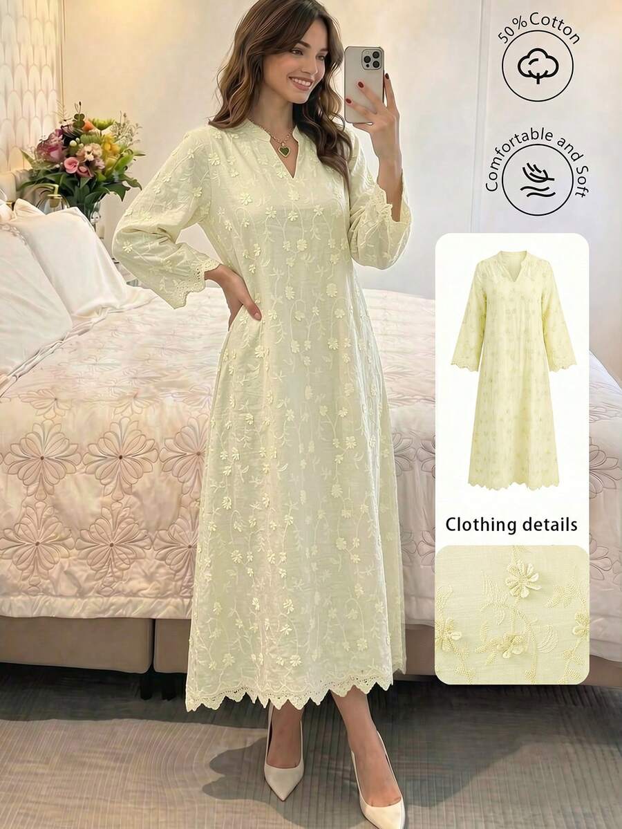 Lacomfia 春夏時尚薄荷綠定位3D刺繡立領中袖洋裝 - 黃色 - 查看 1
