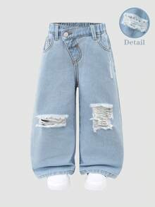 SHEIN ChillGRL 女款 Y2K 休閒日常百搭街頭風獨特不對稱彈性腰破損寬腿直筒牛仔褲，舒適百搭，2025 新款必備，四季適用，適合日常出遊 HOT - 藍色 - 查看 1