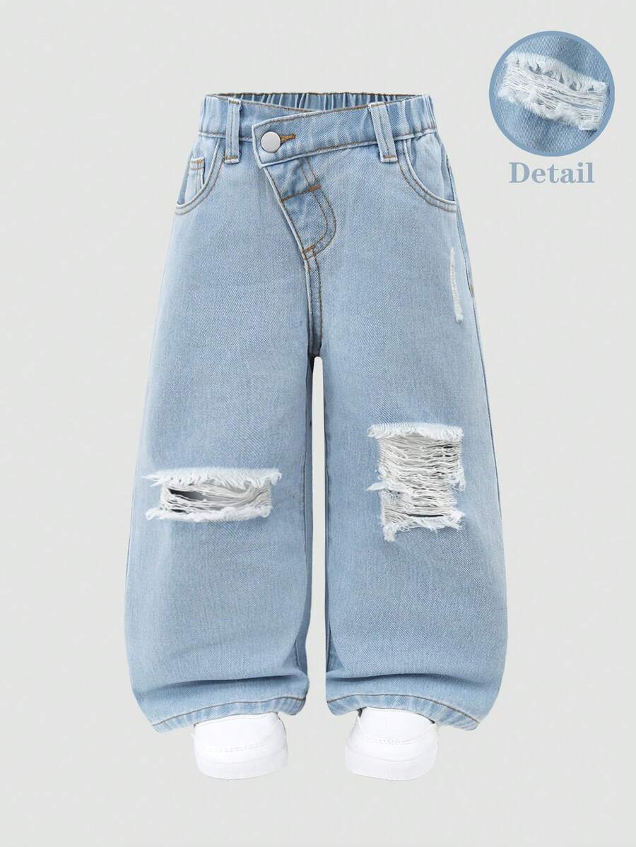 SHEIN ChillGRL 女款 Y2K 休閒日常百搭街頭風獨特不對稱彈性腰破損寬腿直筒牛仔褲,舒適百搭,2025 新款必備,四季適用,適合日常出遊 HOT - 藍色 - 查看 1