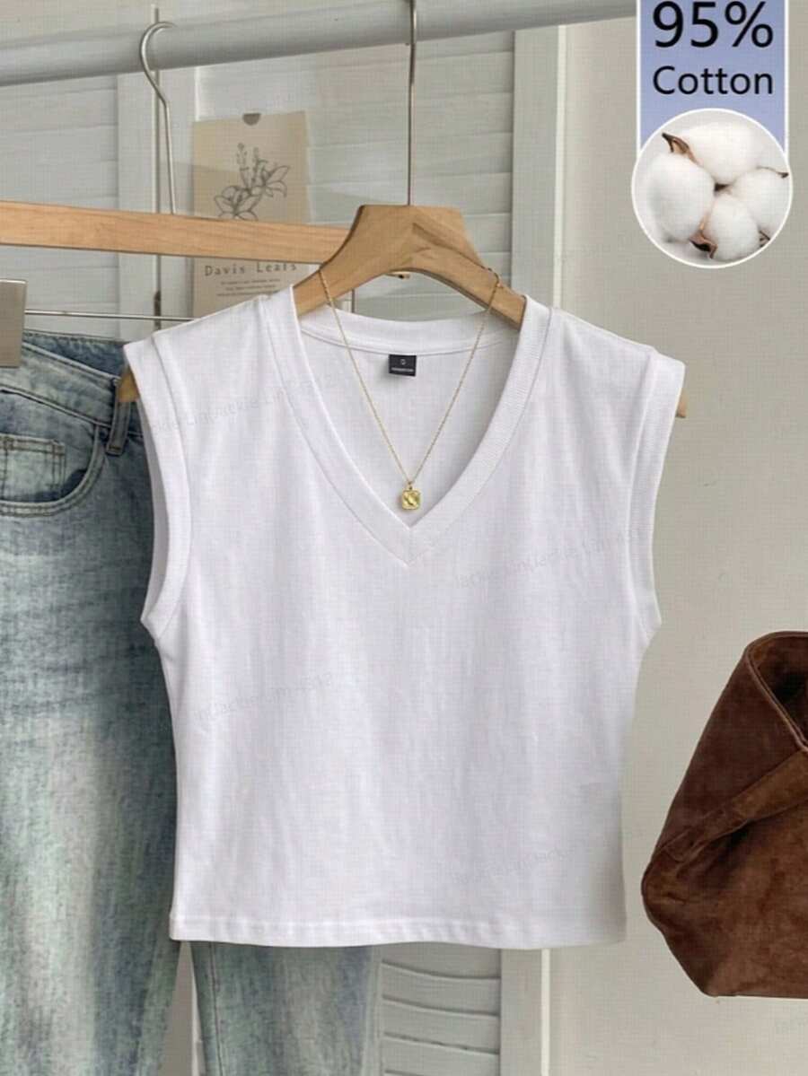 Tseoso 女款 95% 棉白色 V 領背心 - 復古、軟妹風、時尚；休閒、居家、運動、健身、百搭 - 彩色 - 查看 1