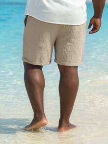 Manfinity Homme Plus Size Men's Drawstring Waist Casual Versatile Daily Wear Shorts, Holiday - Khaki - View 2