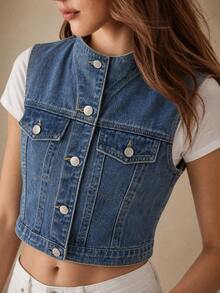 SHEIN Teen Girls Fashion Distressed Denim Jacket, Casual Versatile Denim Jacket Denim Vest, Suitable For School, Campus, University, Daily, Party, Travel, Airport Wear, Suitable For Spring And Summer. - Medium Wash - View 8