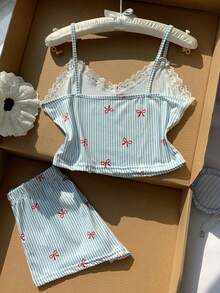 Comfortcana Lace Patchwork Striped Bow Print Camisole & Shorts Women Pajama Set - Multicolor - View 2