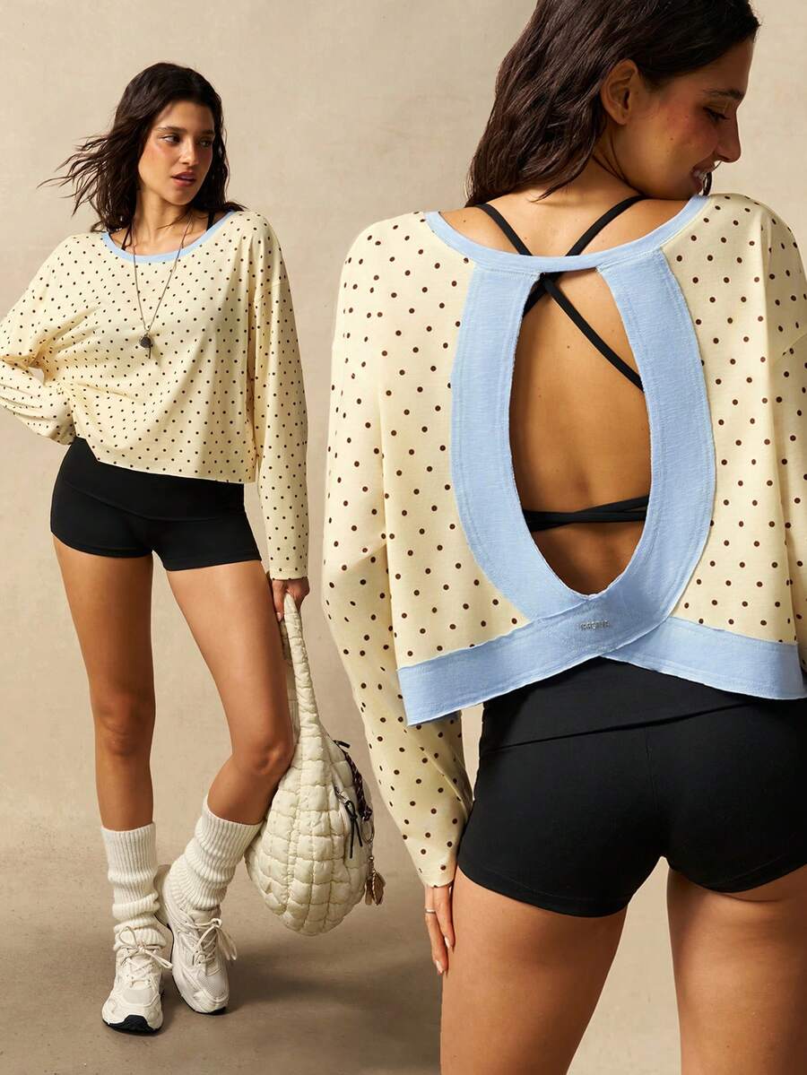 VARSIVA 拼色拼接波點印花露背運動T恤
