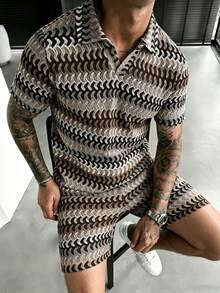 Manfinity Homme 男士条纹短袖 Polo 衫和抽绳腰带短裤套装，男士两件套 - 彩色 - 查看 3