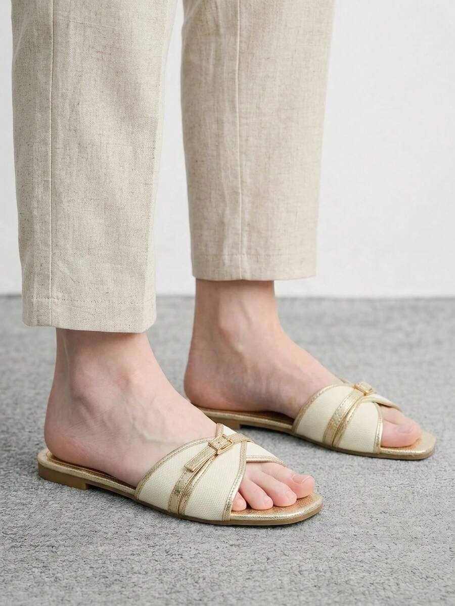 CUCCOO BIZCHIC Women's Fashion Metal Gold Buckle Color Matching Flat Sandals Spring - metallic gold - View 1