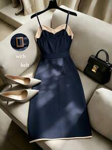 Franclia Women's Elegant Contrast Color Button Design Slip Dress - Navy Blue - View 2
