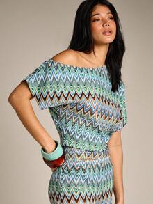 AiiRZ Women Zig Zag Knit Asymmetric Off Shoulder Short Sleeve Multicolor Zig Zag Pattern Relaxed Fit Top - Multicolor - View 5