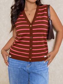 Elaquor 大尺碼女款條紋單排扣休閒針織背心 秋冬款 - 咖啡棕 - 查看 7