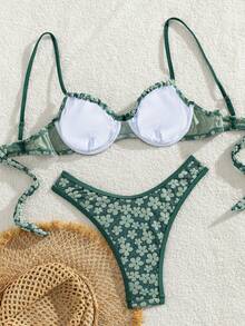 Swim Mod 新款女款 Coquette 可愛夏日海灘度假風 2 件式比基尼套裝 - 綁帶式 - 綠色 - 查看 5