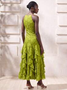 Aveloria Modichic French Elegant Elegant Vacation Date Chiffon Spaghetti Strap Round Neck Cinched Waist Vertical Split Design Patchwork Ruffle Hem Slimming Fitted Sleeveless Long Dress For Women - Green - View 6