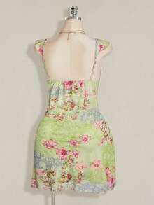 SHEIN ICON Vestido de mujer talla grande con estampado floral, patchwork, volantes en el bajo y lazo delantero - verde menta - Ver 7