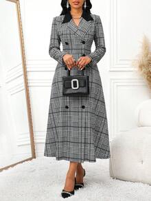 SHEIN Lady Women's Houndstooth Double-Breasted Long Sleeve Pocket Midi Dress - Multicolor - View 8