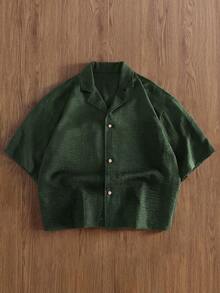 Manfinity Hypemode Camisa casual de homem de cor lisa, gola com lapela, manga curta e abotoamento simples - Verde - Ver 4
