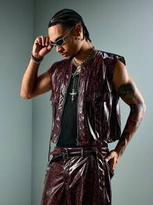 ROMWE MEN Street Life Men's Summer Casual Animal Texture Zipper Vest - Burgundy - View 5