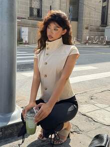 Aloruh Minimalist Elegant Casual Modest Commuter Stand Collar Button Decor Front Opening Beige Fitted Women's Shirt Daytime Summer Teachers' Day Office - Khaki - View 5