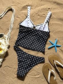 Bellisia Bikini de dos piezas con lunares negros & blancos, traje de baño estilo camisola con cordón francés, traje de baño de 2 piezas para vacaciones en la playa - Blanco y Negro - Ver 7