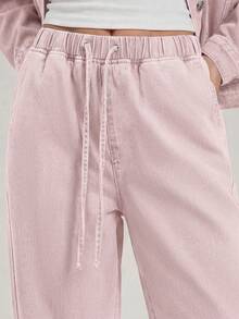 Athîral Denim 女士纯色抽绳腰斜插口袋休闲牛仔裤 - 淺粉色 - 查看 4