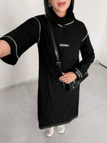 Solavon Hooded Contrast Stitching Letter Long Sweatshirt Dress - Black - View 8