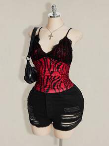 SHEIN ICON 大尺碼夏季時尚蕾絲拼接細肩帶背心 - 酒紅色 - 查看 7