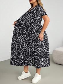 SHEIN CURVE+ Plus Size Women's Summer Beach Vacation Floral Collar Pleated Waistband Dress, Vacation Dress - Multicolor - View 3