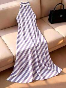 SHEIN Franclia Damen-Maxikleid im französischen eleganten Stil, gewebter schwarz-weiß gestreifter Stoff, Neckholder, ärmellos, Sommerkleid für Damen, Sommeroutfit, Strandoutfit, Strandkleid, Ausflugskleid, Urlaubsoutfit für Damen, Urlaubskleid, lässiges Damenkleid, Pendleroutfit für Damen, Bürooutfit für Damen, gesellschaftliches Kleid, Arbeitskleid, Bürokleidung für Damen, Businesskleidung für Damen, Arbeitskleidung für Damen, Arbeitskleid für Damen, neues Sommerkleid für Damen - Violett - Übersicht 2