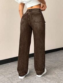 SHEIN EZwear 女款休閒修身破洞直筒牛仔褲，附口袋 - 咖啡棕 - 查看 3