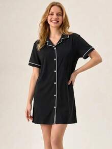 EURMUSE Women Button Front With Contrast Colour Detail Homewear Lounge Pajama Dress Cotton Sleepwear For Women Pajama Dress Sage Green Pajama Set Button Down Nightgown Sleep Shirt For Women's Nightdress Night Shirts For Women Sleep Wear Women Button Front - Black - View 5
