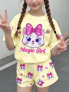 少女休閒簡約可愛亮面紋理卡通小貓圖案，粉色蝴蝶結，奶油粉白色格紋，短袖短褲兩件套，適合夏季，圖案、可愛、Y2K、舒適，女孩套裝 - 彩色 - 查看 2