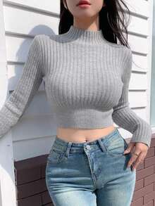 Dazy Star Solid High Neck Crop Sweater,Long Sleeve Tops Fall - Grey - View 11