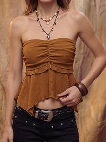 Fembélia Women's Summer Casual 90s Boho Solid Color Asymmetric Hem Tube Top Night Out Concert Vacation All Dark Brown - Brown - View 6