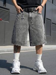 Manfinity EMRG 男士街頭風休閒刺繡灰色牛仔短褲 - 深灰色 - 查看 2